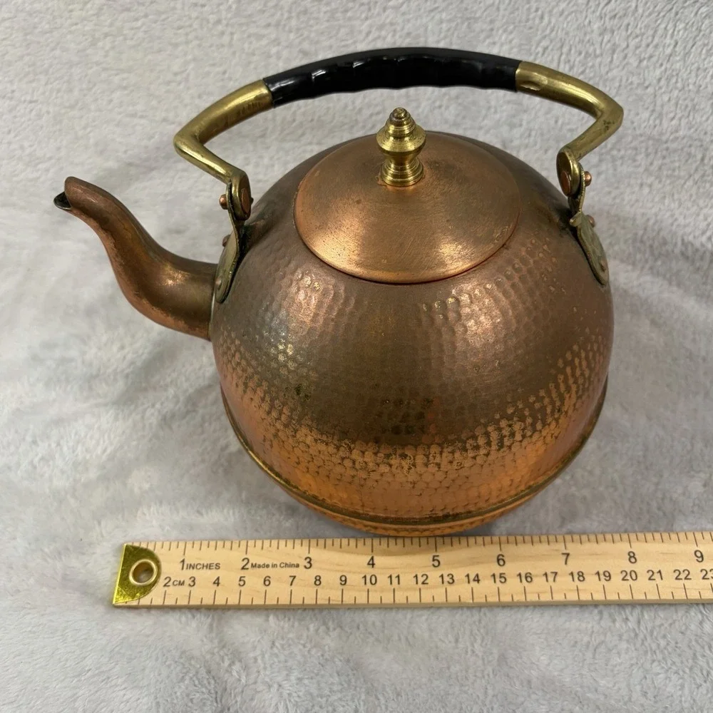 Vintage Hammered Copper Tea Kettle Brass Handle French Country Made in Portugal